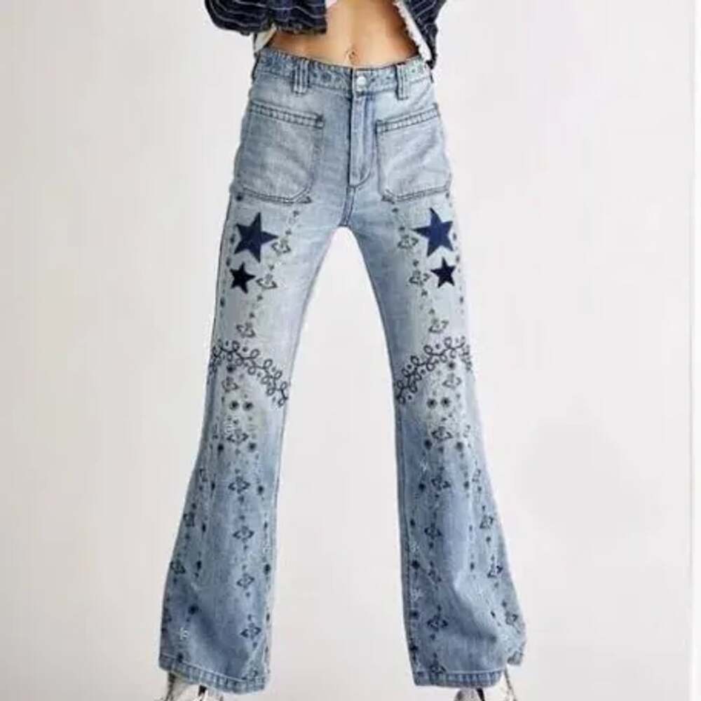 We The Free Free People Delphine Celestial Star Embroidered Flare Jeans